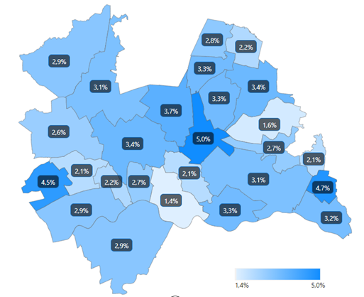 Kaart van de provincie Utrecht met daarin de percentages huishoudens in energiearmoede in 2023